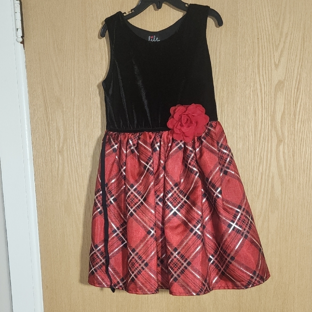 Lilt Black Velvet and Red Plaid Dress with Flower